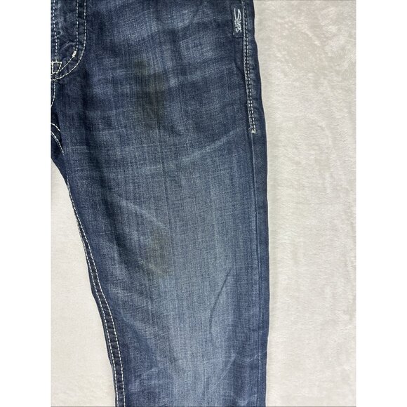 Silver Jeans Men’s Size 33 Dark Blue ZAC Selvedge Thick Stitch Faux Flap *STAIN* - Picture 5 of 16
